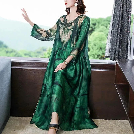 Green M-XXXXL Women's Summer Dress Middle-aged 3/4 Sleeve Round Neck Printing Length To Calf Daily Wear Homewear
