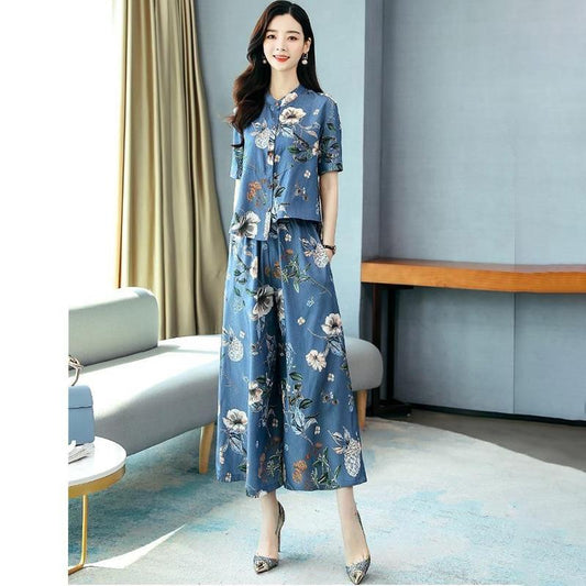 Retro Print Fashion Suit Women's Summer Loose and Thin Temperament Wide-leg Pants Two-piece Casual Suit Retro Chinese Style