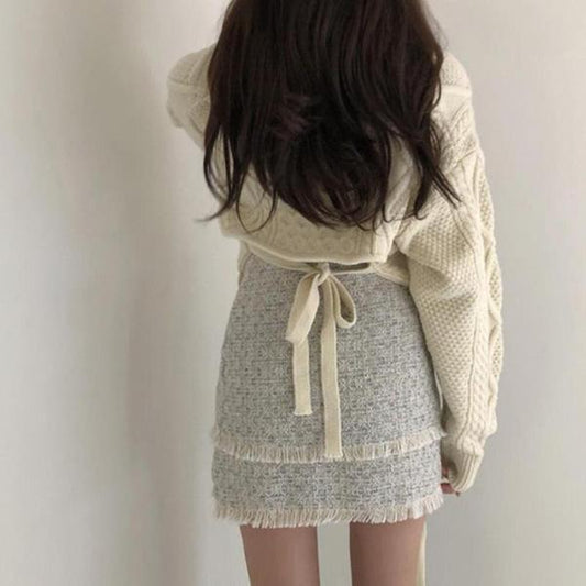 Hemp Pattern Retro Knitted Sweater Loose and Thin V-neck Jacket Short Solid Color Casual Top