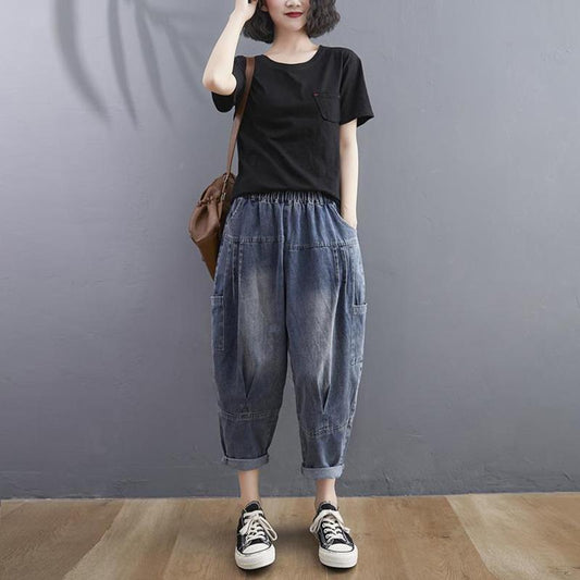 WTEMPO Summer Harem Pants Plus Size Elastic Waist Women's Jeans Loose Wide Leg Straight Denim Big Pocket Trousers