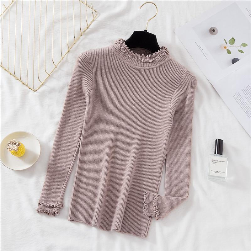 Sweater Women's Half Turtleneck Wooden Ear Pullover Knitwear Korean Slim Solid Color Top Trending Sweater Autumn and Winter Top