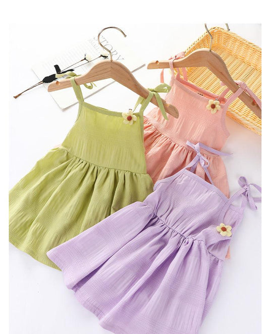 Girls Summer Sling Dresssummer Solid Color Flower Children's Princess Dress Kid