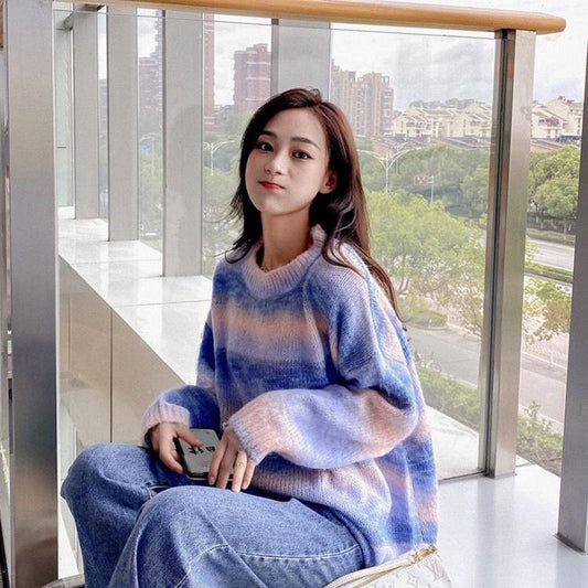 Autumn Winter Rainbow Sweater Slimming Women's Loose Outer Wear Cocoon Casual Long-sleeved Sweater Top