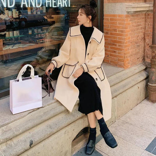 Autumn and Winter Woolen Coat Korean Version of Thin Lapel Coat Mid-length Over The Knee Plus Size Women's Woolen Coat
