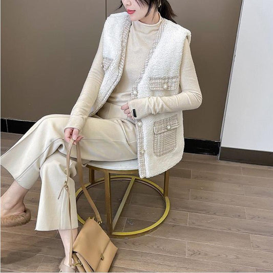 Temperament Lady Style Lamb Plush Vest Autumn and Winter New Tweed Stitching Vest Waistcoat Jacket Women