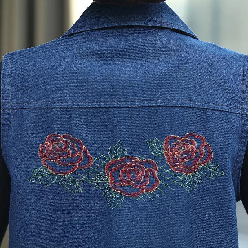 Flower Embroidery Solid Color Big Pocket Women's Denim Vest Sleeveless Spring and Autumn Loose Casual Coat Waistcoats