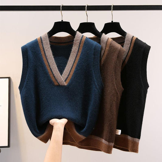 V-neck Knitted Vest Women's Autumn and Winter Loose Knit Waistcoat Sleeveless Sweater