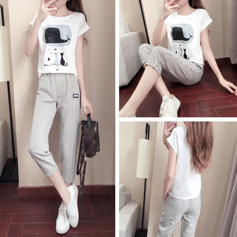 Suit Women Summer Wild Loose Short-sleeved T-shirt + Seven-point Casual Pants Two-piece Casual Suit Women's Home Service Sports Suit