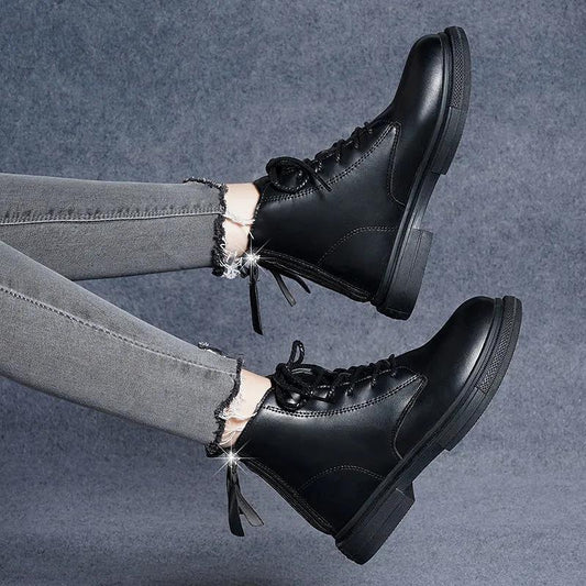 Autumn and Winter Lace-up Heel Double Zipper Martin Boots Women's Short Boots Wild Thick Bottom Plus Velvet