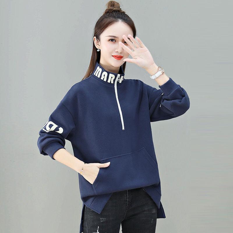 Mid-length Stand-up Collar Cotton Sweat Women Spring and Autumn Loose Pullover Blouse Fashionable Slim Coat