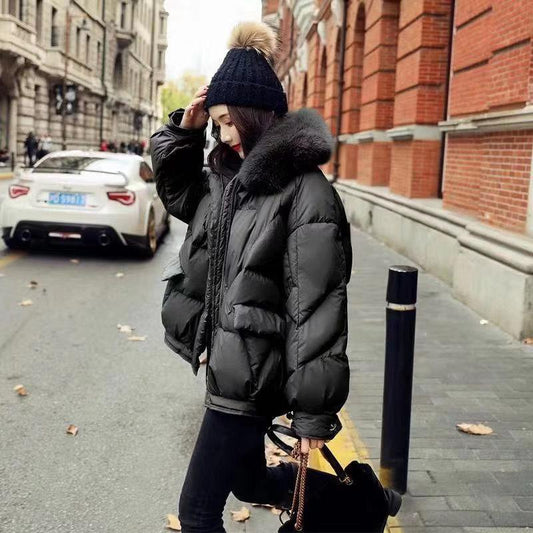 Korean Fashion Ladies Down Jacket Fox Fur Collar Thick Bread Jacket White Duck Down Short Down Jacket