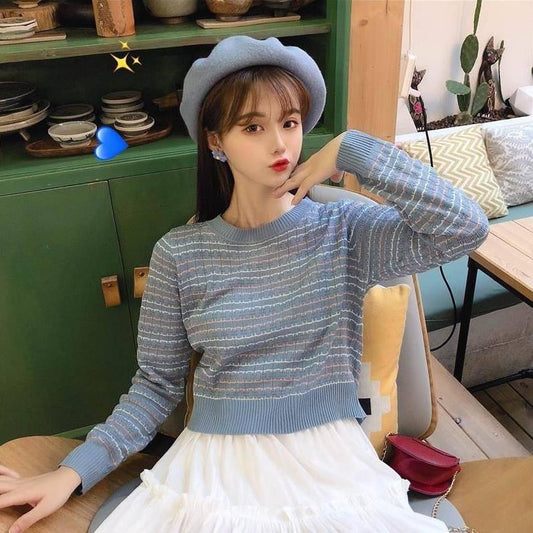 Cute O-neck Pullover Long Sleeve Short Twist Sweater Women Open Waist Striped Knitwear