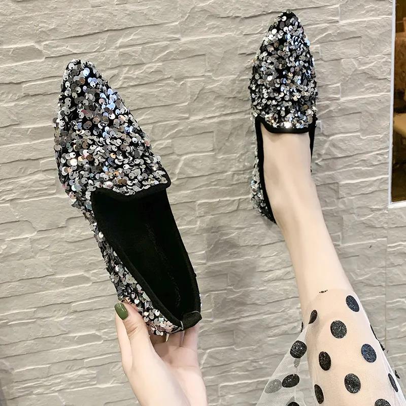 Women's Spring and Summer Pointed Toe Shoes Autumn Low Heel Casual All-match Single Shoes Large Size Soft Bottom Party Sequins Shoes