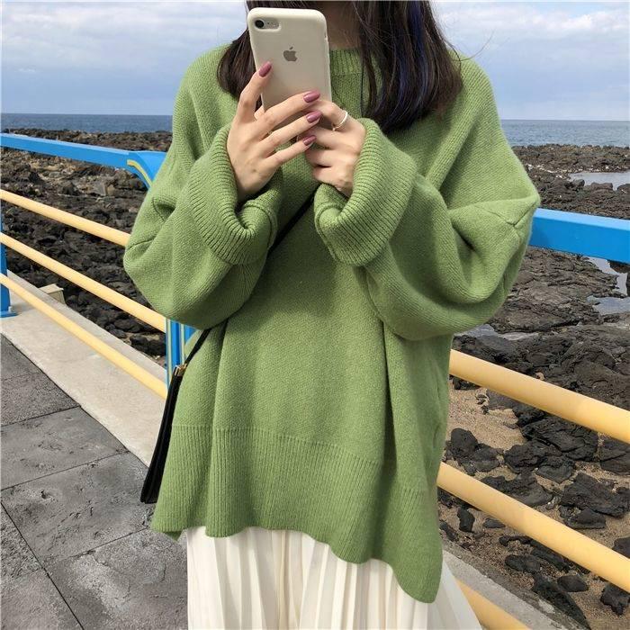Pofulove Autumn Winter Pullover Was Thin Sweater Loose Solid Color Split Fork Thick Knitted