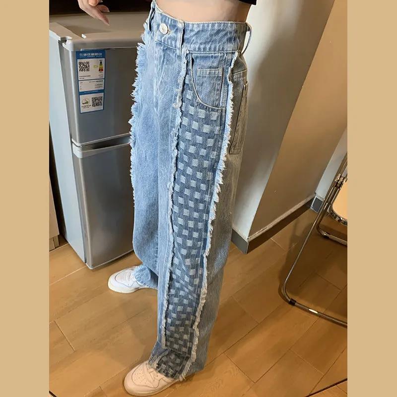 Jeans Women's Tide Design Spring and Autumn Large Size Fat Mm High Waist Slim Tie Pendant Wide Leg Straight Pants