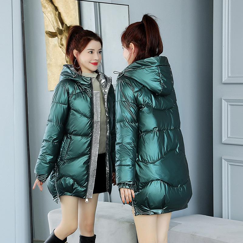 Winter Jacket Parkas Women Mid-length Coat Glossy Down Cotton Jackets Hooded Parka Warm Female Cotton Padded Jacket Casual Loose Outwear