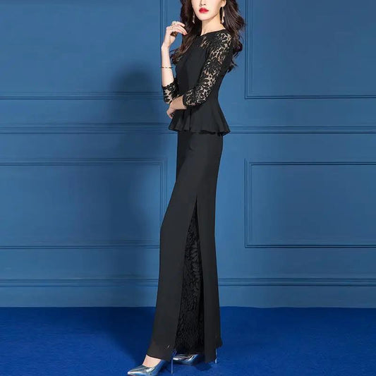 Summer Black Small Fragrant Wide-leg Pants Suit Slim Lace Two-piece Round Neck Long-sleeved Top + Loose Wide-leg Pants