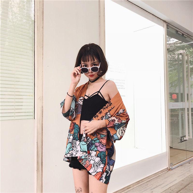 Comic Print Cardigans Japanese Kimono Cardigan Woman Thin College Streetwear Sunscreen Clothes Kimono Coat