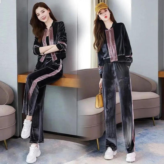 Casual Suit Velvet Fabric Sports Suit Women's Long-sleeved Short Coat + Loose Trousers Two-piece Suit Loose and Thin Two-piece Suit Women