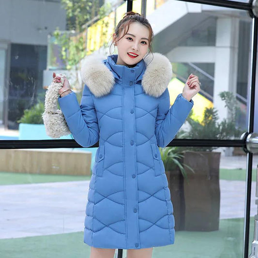 Winter Women's Down Jacket Solid Color Hooded Big Fur Collar Cotton Jacket Mid-length Korean Version of Slim and Thick Warm Down Jacket