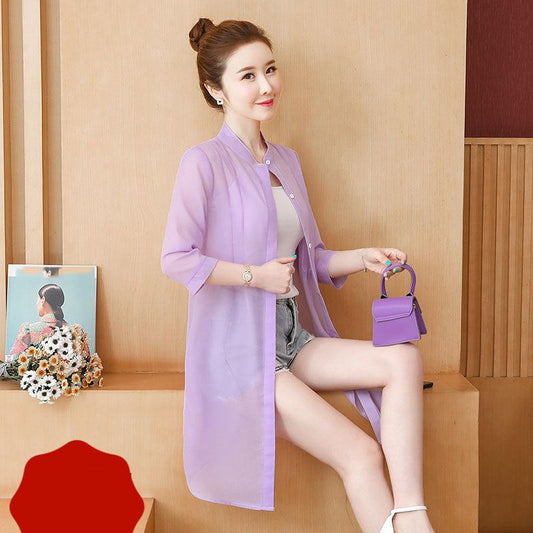 Pure Color Long Thin Coat Sunscreen Clothing Women's Mid-length Beach Chiffon Cardigan Fabric Is Light and Breathable
