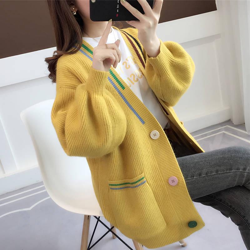 Autumn and Winter Cardigan Sweater Women's Knitted Jacket Lantern Sleeves Loose Sweater