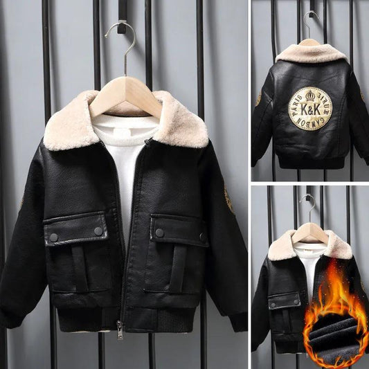 Plush Fleece Boy Leather Jacket Plus Fleece Thickening Children's Autumn and Winter Jacket Warm Coat Foreign-style Baby Coat