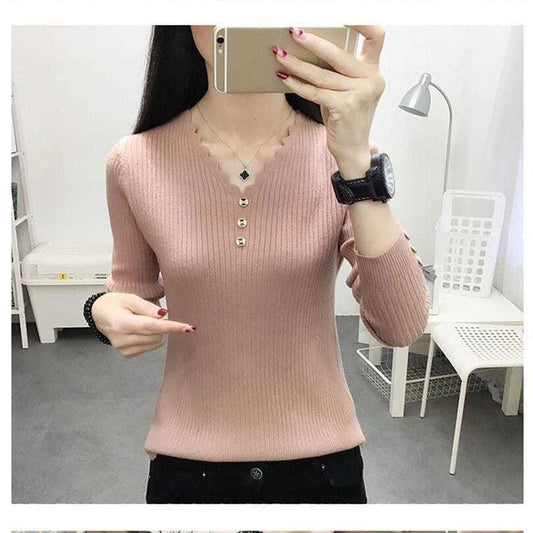Can't Afford The Ball Fabric Button V-neck Sweater Women Loose Casual Fashion Korean Knitted Pullover Sweater