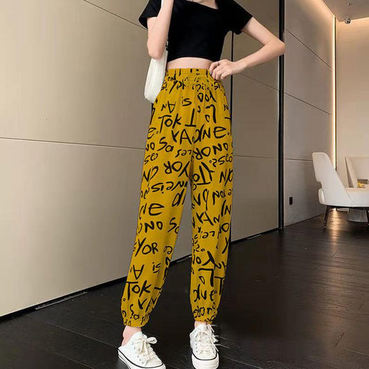 Chiffon Bloomers Women's Summer Letter Printing Graffiti Elastic Waist Loose-fitting Sports Casual Pants