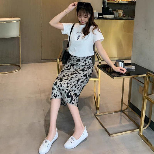 Women's Summer A-line Skirts Large Size High Waist Slim Mid-length Skirt Leopard Print Casual Hip Skirt