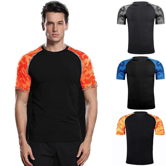 Summer Sport Shirt Men T-shirt Half Sleeve Elastic Fitness Tees Breathable Casual Quick Dry Top Camouflage Contrast Color Tights