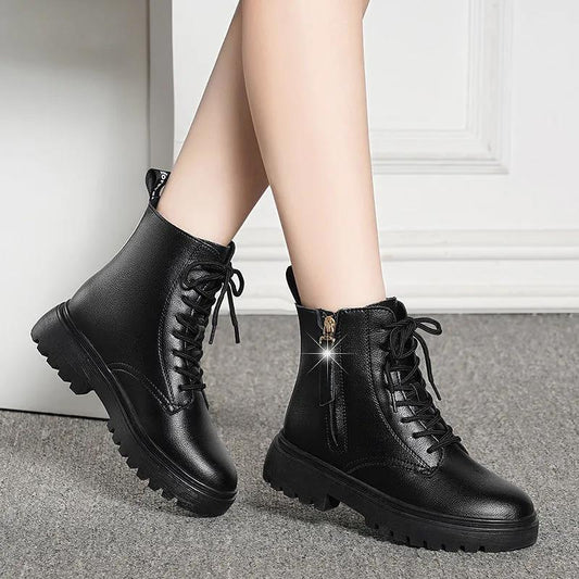 Martin Boots Women's Shoes Side Zipper Laces Outer Wear Student Short Tube Plus Velvet British Style Cotton Shoes Women Winter