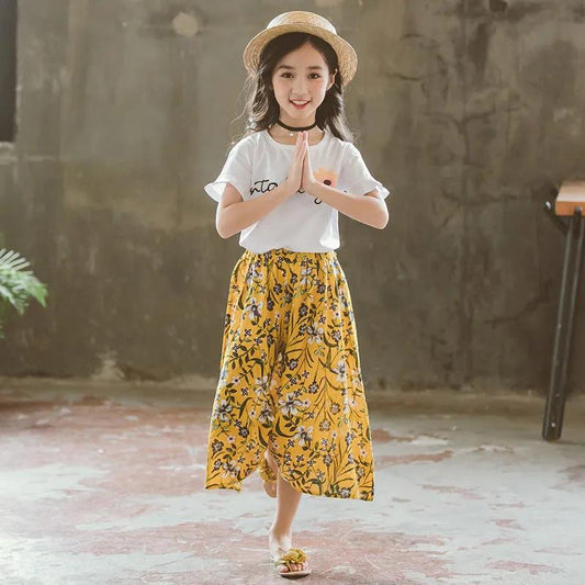 Girls Summer Dress Girls Skirt Pants Suit Medium and Large Children's Short-sleeved Wide-leg Pants Casual Two-piece Suit