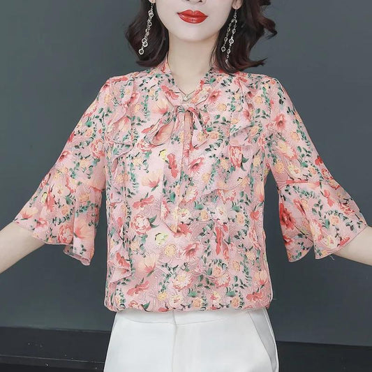 Women's Summer Chiffon Ruffled Mid-sleeve Top V-neck Large Size Floral Loose T-shirt
