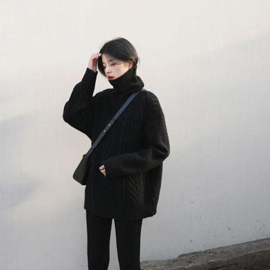 Autumn Retro Twist Sweater Outer Wear Women's Loose Mid-length Lazy High Neck Knitted Sweater