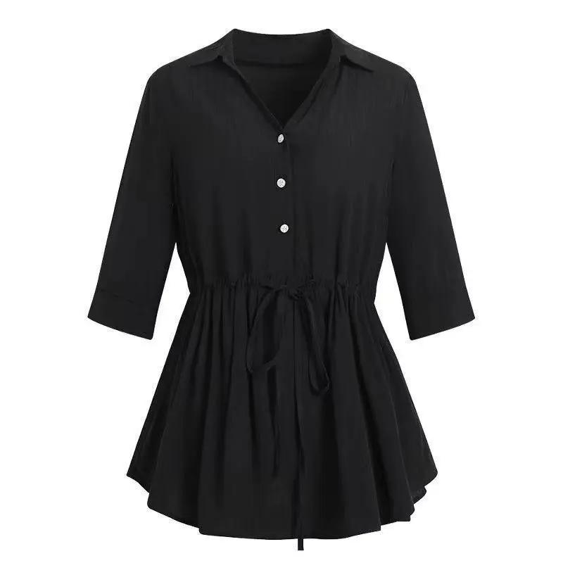 Short-sleeved Chiffon Shirt Women's Mid-sleeve Summer Loose Belly Cover Waist Top Solid Color V-neck Large Size Mid-length Thin Blouses Drawstring Top