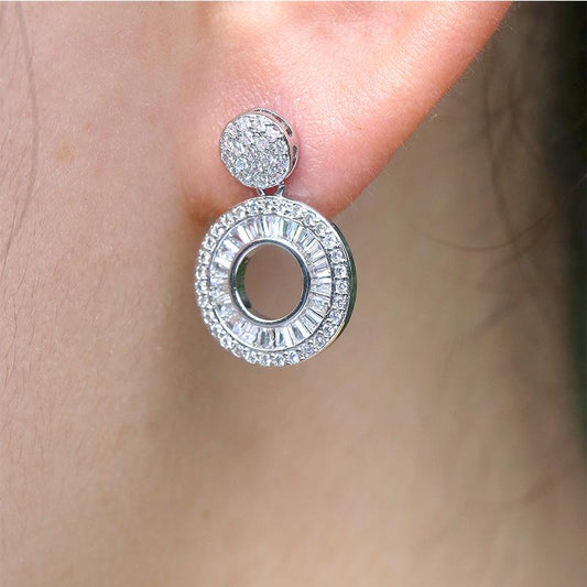 Elegant Round Silver Stud Earrings Circle Zircon Dangle Earrings for Women Gift Jewelry