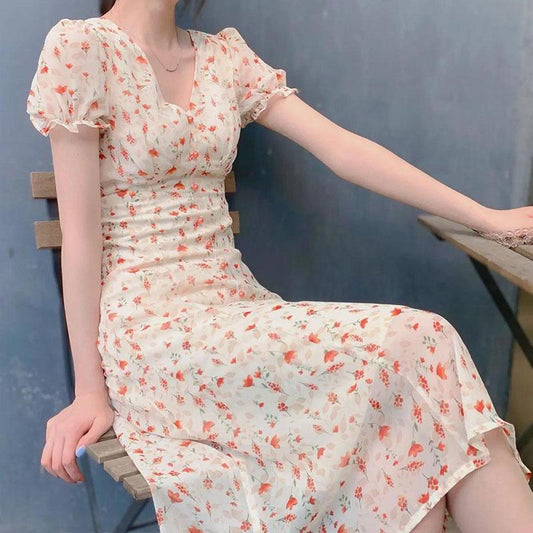 Women's Summer Floral Dress V-neck Slim Over Knee Midi Dress