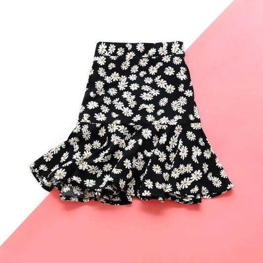 Retro Floral Chiffon Skirt Women's Summer High Waist A-line Fishtail Skirt All-match Short Skirt Irregular Hem Skirt Beach Dress