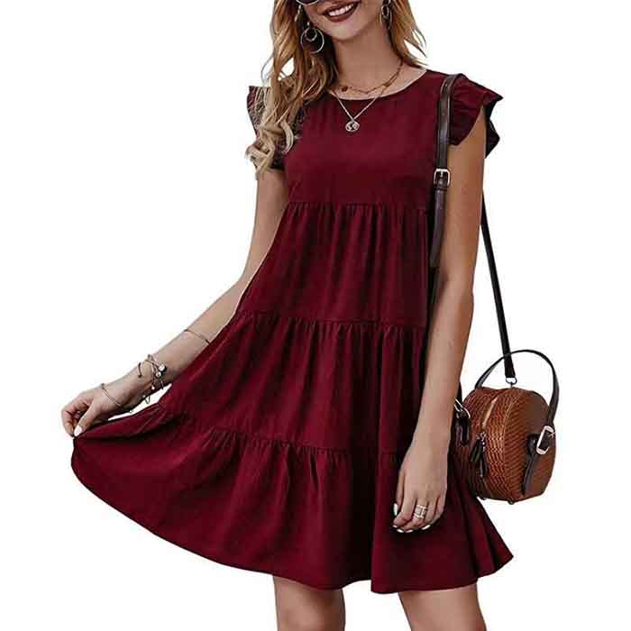 European and American Summer Solid Color Round Neck Short-sleeved Dress Casual Cake Skirt Pleated Swing Skirt
