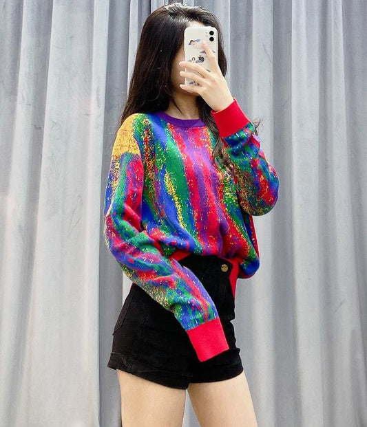 Autumn Winter Korean Knitwear Color Contrast Gradient Color Sweater Women Loose Round Neck Pullover Sweater All-match Soft Base Sweater Outer Wear