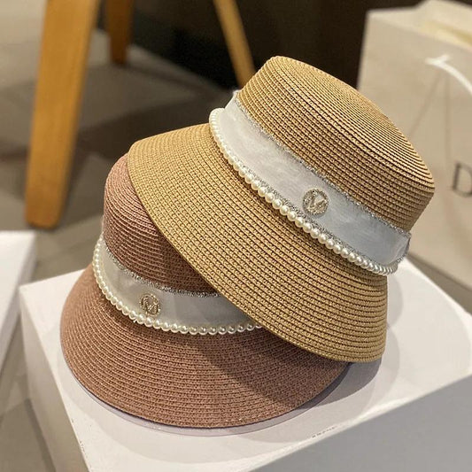 Women's Summer Hat Elegant Pearl Bucket Hat Rhinestone M Mark Retro Basin Hat Shade Straw Hat Luxury Top Hat