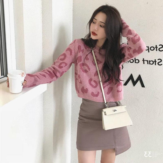 Autumn Fashion Loose Sweater Leopard Print Short Loose Pullover Short Round Neck Young Women's Knitwear