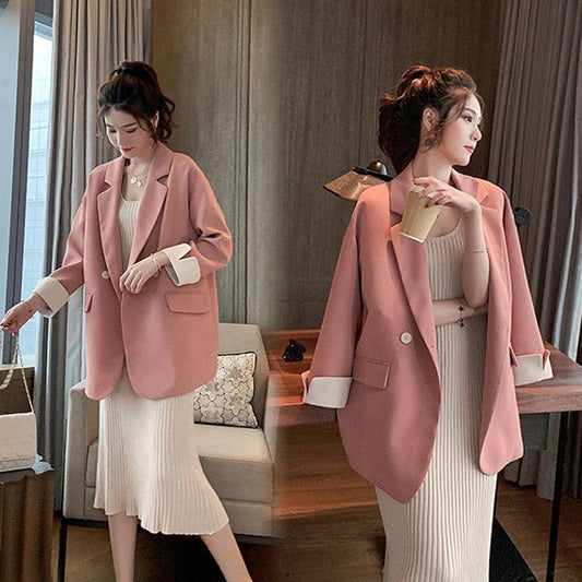 Korean Version Pink Small Suit Jacket Women's Double-breasted Loose Casual Suit Spring Autumn