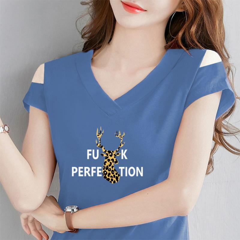 Summer Off-the-shoulder T-shirt Solid Color Short-sleeved T-shirt Women's Leak-shoulder One-word V-neck Top Korean Version Slimming T-shirt