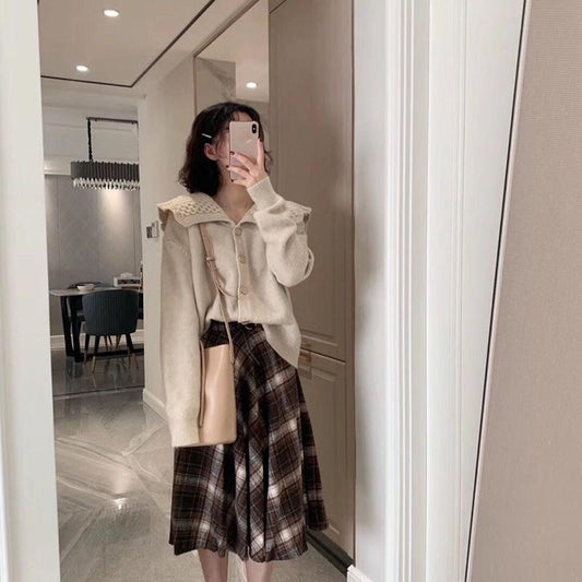 Navy Collar Sweater Coat Women Fall Winter Loose College Style Knitted Cardigan Long Sleeve Casual Sweater