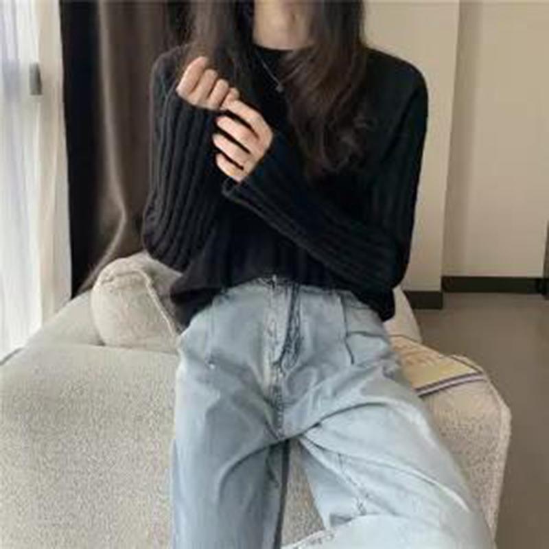Autumn Winter Knitted Pullover Round Neck Versatile Thick Warm Woolen Sweater Bottoming Shirt Vertical Stripes Loose
