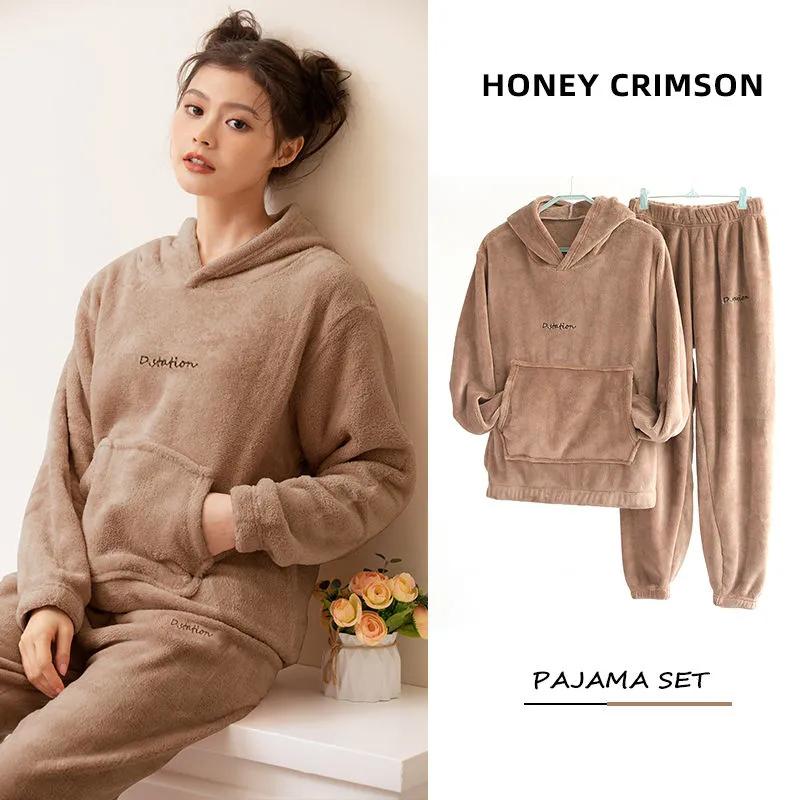 Coral Fleece Pajamas for Women and Men Pyjamas Set Flannel Hoodie Pullover Sleepwear Autumn Winter Velvet Warm Home Wear Suit Casual Loose Long Sleeve