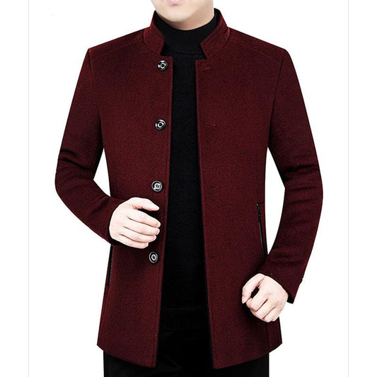 Middle-aged Men's Wool Stand Collar Jacket Autumn and Winter Fashion Handsome Gentleman Plus Velvet Padded Jacket