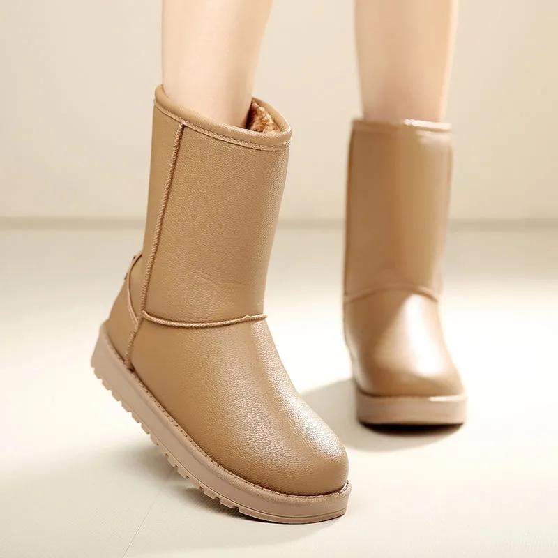 Snow Boots Women's Leather Mid-tube Korean Version Plus Velvet Non-slip Waterproof Women's Boots Cotton Shoes Winter Shoes